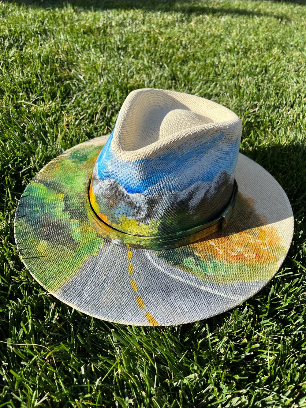 Hand-Painted Beige Canvas Fedora Hat with Scenic Road Colorado Design
